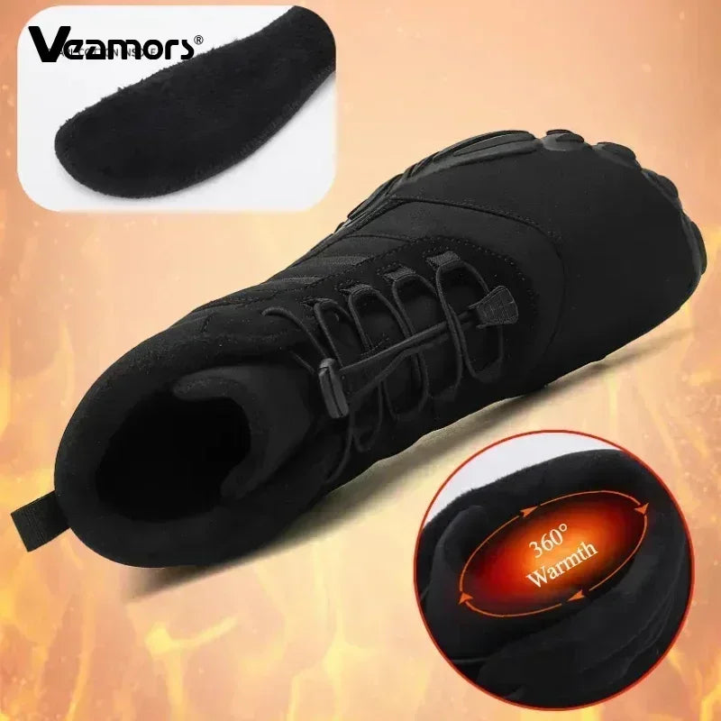 Men‘s Hiking Boots Winter Wide Toe Box Warm Snow Boots Minimalist Barefoot Hiking Sneakers Waterproof Non-Slip Ankle Booties