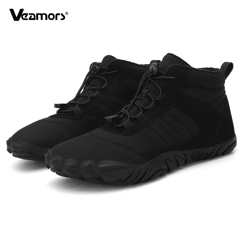 Men‘s Hiking Boots Winter Wide Toe Box Warm Snow Boots Minimalist Barefoot Hiking Sneakers Waterproof Non-Slip Ankle Booties