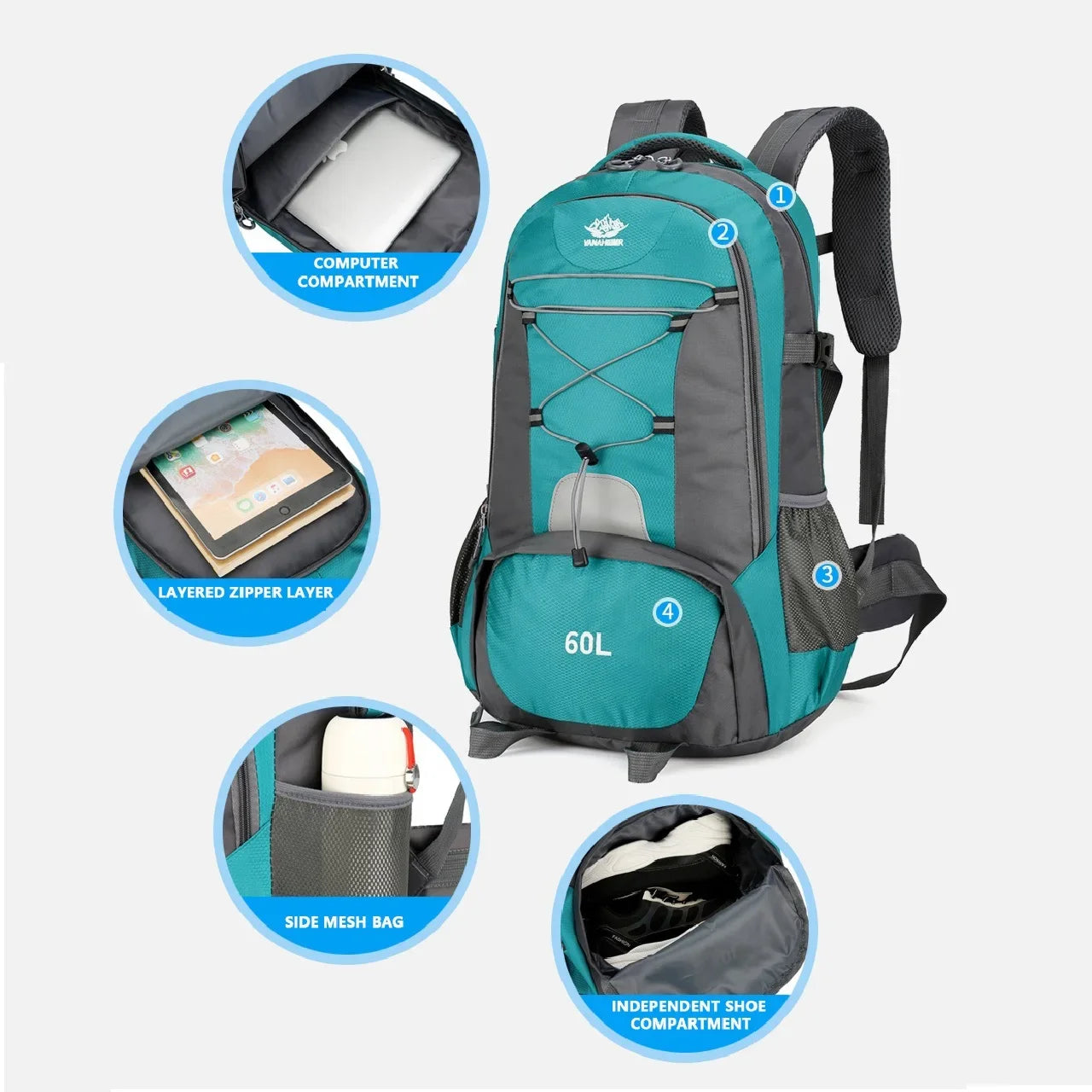60L Waterproof Tactical Mountaineering Bag Outdoor Hiking Fishing Hunting Bag Military Sports Nylon Material Backpack