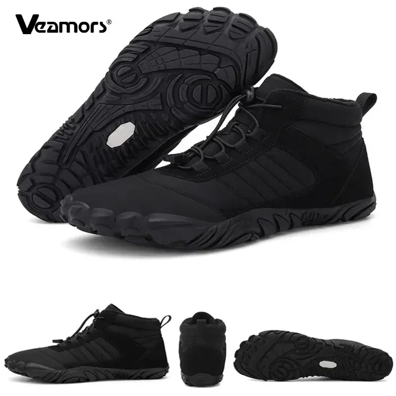 Men‘s Hiking Boots Winter Wide Toe Box Warm Snow Boots Minimalist Barefoot Hiking Sneakers Waterproof Non-Slip Ankle Booties
